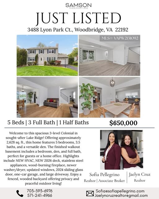 Just Listed flyer for 3488 Lyon Park Ct, Woodbridge, with four photos of the home