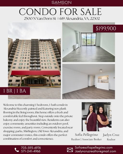 Condo For Sale flyer for 2500 N Van Dorn St #619, with the building and two empty rooms
